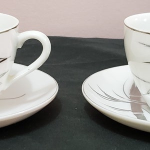 Espresso Coffee Cups and Saucer Set Vintage 2pc Silver Abstract Design with BONUS Creamer Milk Pitcher Japan