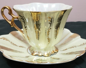 SHAFFORD Vintage Bone China Teacup and Saucer Yellow Gilt and Gold Filigree Hand Decorated Made in Japan