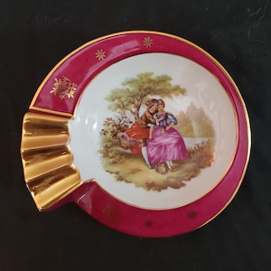 Limoges Frankreich Fragonard seltener Vintage rosa Aschenbecher umwerben Paar Echtgold Zier Akzente Ring Schale Trinket Tablett