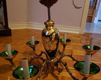 Murano Venetian 6 Light Hanging Chandelier Brass Green Glass 24k Gold Flower Motif Ornate Italy Vintage