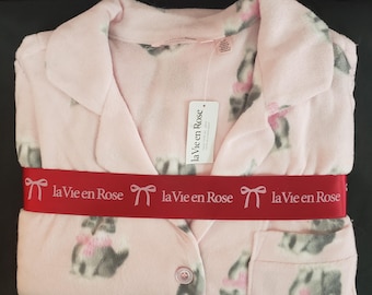 La Vie En Rose Pink Cat Print Microfleece Pajama Set Women's Small Cozy Fleece PJ Set Long Sleeve Sleepwear NEW