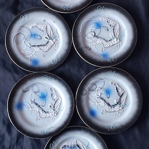 Vintage Bone China Raised Oriental Dragon Ware Moriage 7&quot; Decorative Dessert Salad Plate 6 piece set Hand Decorated Made in Japan