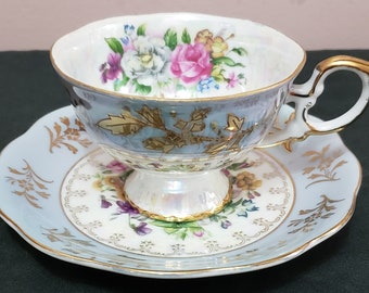Royal Halsey L M Vintage Very Fine China Footed Baby Blue with Roses Gold Trim