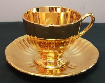 Royal Winton Grimwades Footed Teacup & Saucer Set Vintage England Bone China Gold Lustre Tea Cup Golden Age Collectible