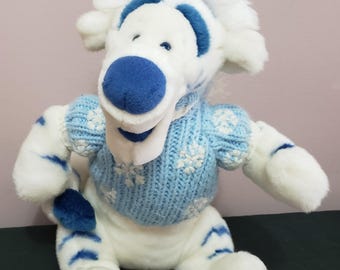 Disney Store Exclusive Winnie The Pooh - Tigger Winter Snowflake 14" Plush Toy White Blue Striped Knit Sweater Retired