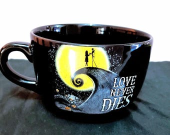 Tim Burton's The Nightmare Before Christmas Jack & Sally Love Never Dies Large Coffee Cup Soup Mug Chili Bowl Microwave and Dishwasher Safe