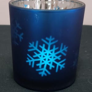 Blue Glass Tealight Candle Holder Silver Reflective Interior Christmas Holiday Snowflake
