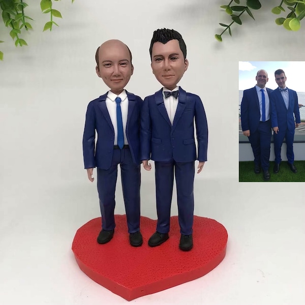 Custom gay couple bobble head sculpture, Gay man wedding cake topper figurines, Romantic birthday gift for gay man, Gay bachelor party gifts