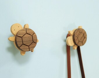 Kids wall hook, Wood animal wall coat hanger, Modern nursery wooden tortoise coat rack wall mounted, Turtle towel holder