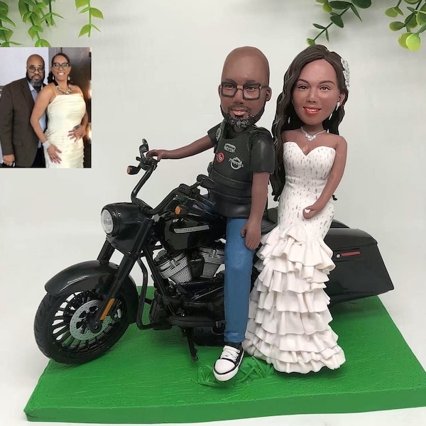 Custom couple clay figure sculpture, Wedding cake topper bride and groom figurines, Motorcycle gifts, Gift for motorcycle riders