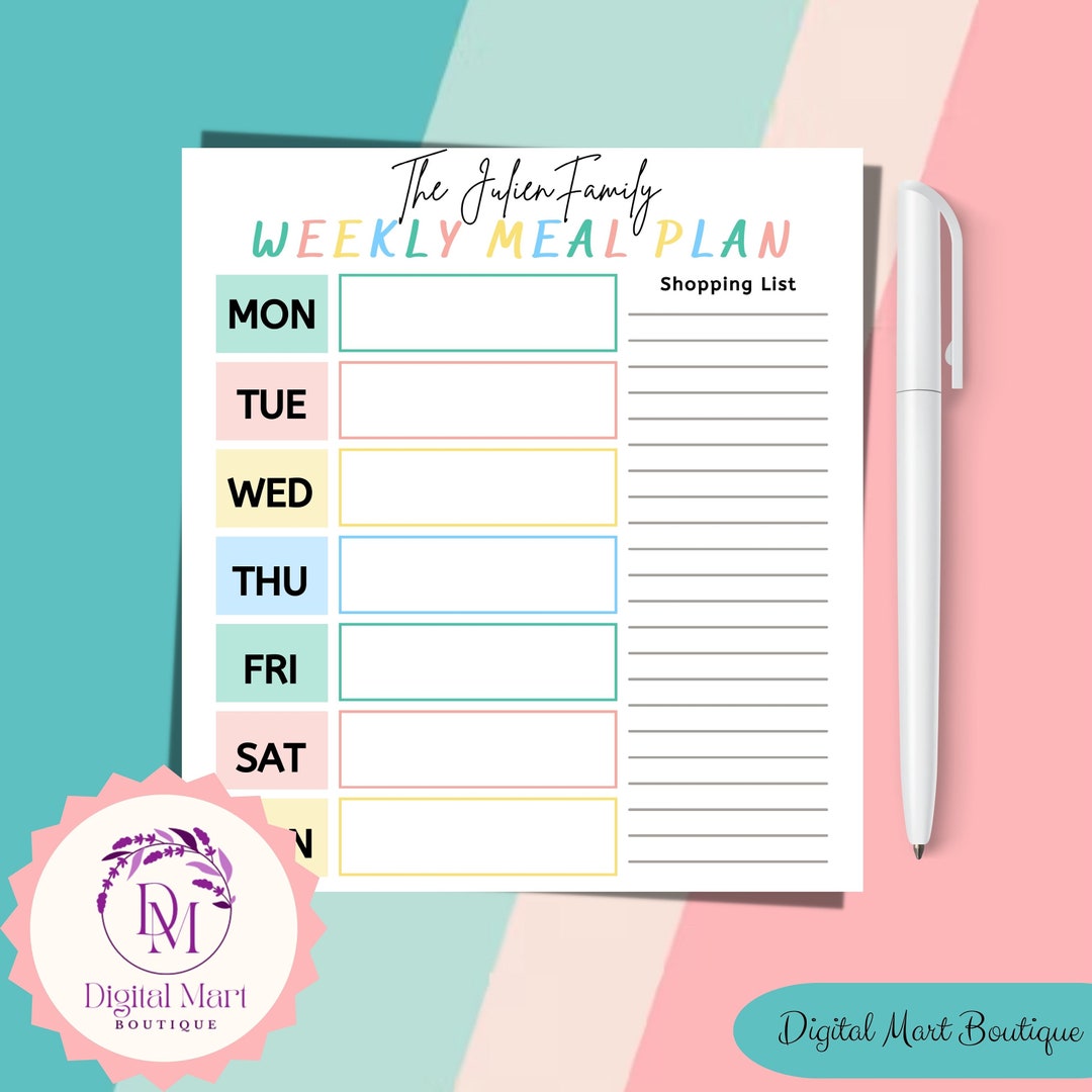 Weekly Meal Planner Family Meals With Grocery List Editable Printable ...