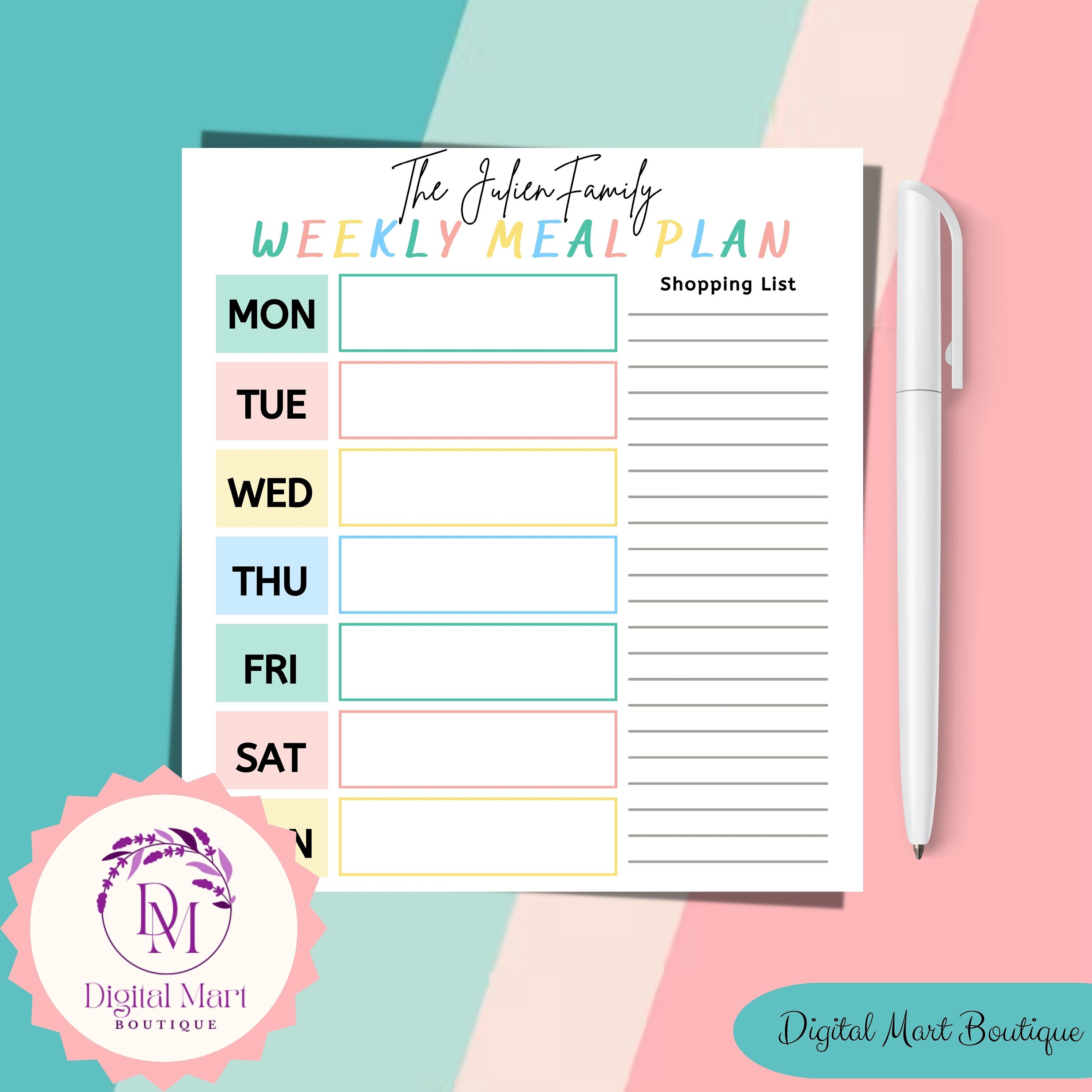 Weekly Meal Planner Family Meals With Grocery List Editable Printable ...