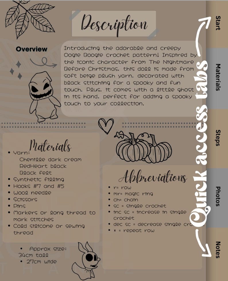 K&ouml;nnte beinhalten: Eine H&auml;kelanleitung f&uuml;r die Herstellung einer Oogie Boogie Puppe aus dem Film Nightmare Before Christmas. Die Anleitung enth&auml;lt Anweisungen, eine Materialliste und Abk&uuml;rzungen. Die Puppe ist etwa 34 cm hoch und 27 cm breit.