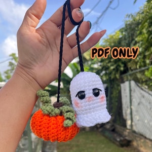 May include: Crocheted Halloween ornaments featuring a small orange pumpkin with green vines and a white ghost with rosy cheeks and black eyes. The ornaments are attached to black cords. Text on the image reads "PDF ONLY".
