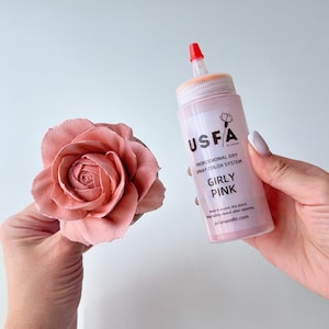 May include: A pink rose next to a bottle of "Girly Pink" spray color. The spray bottle has a red nozzle and the label reads "USFA PROFESSIONAL DRY SPRAY COLOR SYSTEM". The rose is a dusty rose color.