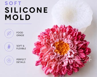 May include: A translucent white silicone mold for crafting, accompanied by a finished pink and orange flower shape. Text on the image reads SOFT SILICONE MOLD, FOOD GRADE, SOFT & FLEXIBLE, and PERFECT DETAILS. The flower has layered petals.