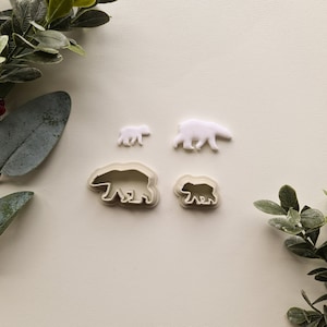 May include: Set of four white plastic cookie cutters shaped like polar bears. The cutters are in different sizes, with the largest cutter being at the bottom of the image and the smallest cutter at the top.
