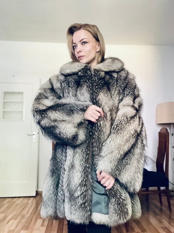 Manteau Rétro En Fourrure De Renard Cendré - Fait Main, Doublure Soie, Taille S - Neuf Sans étiquettes