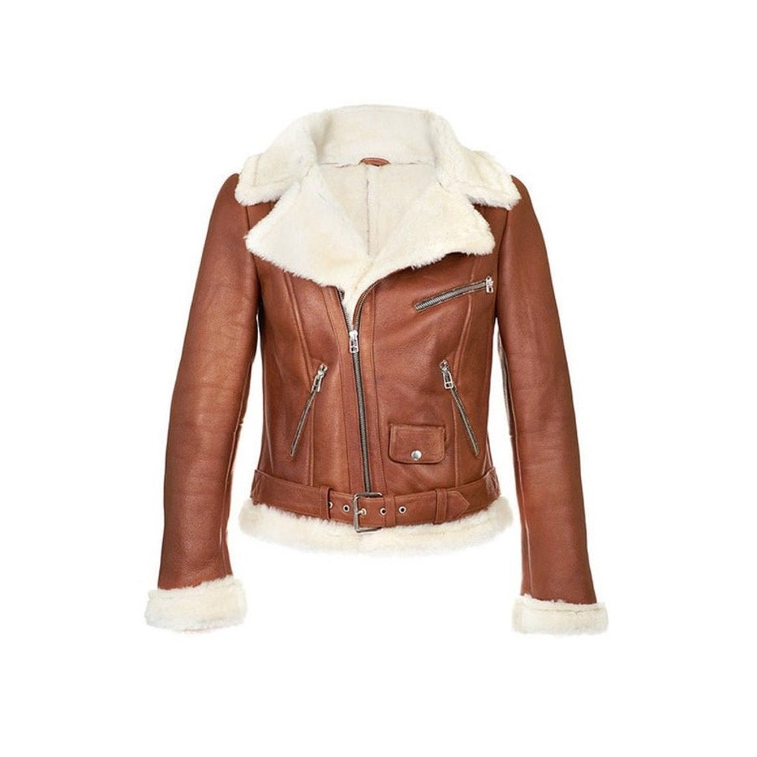 Women's Brown Aviator Leather Bomber Jacket Fur Shearling Etsy