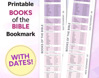 Printable Bookmark | Books of the Bible PLUS DATES | Christian Printable | Old & New Testament | Purple-Pink