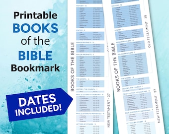 Printable Bookmark | Books of the Bible PLUS DATES | Christian Printable | Old & New Testament | Blue
