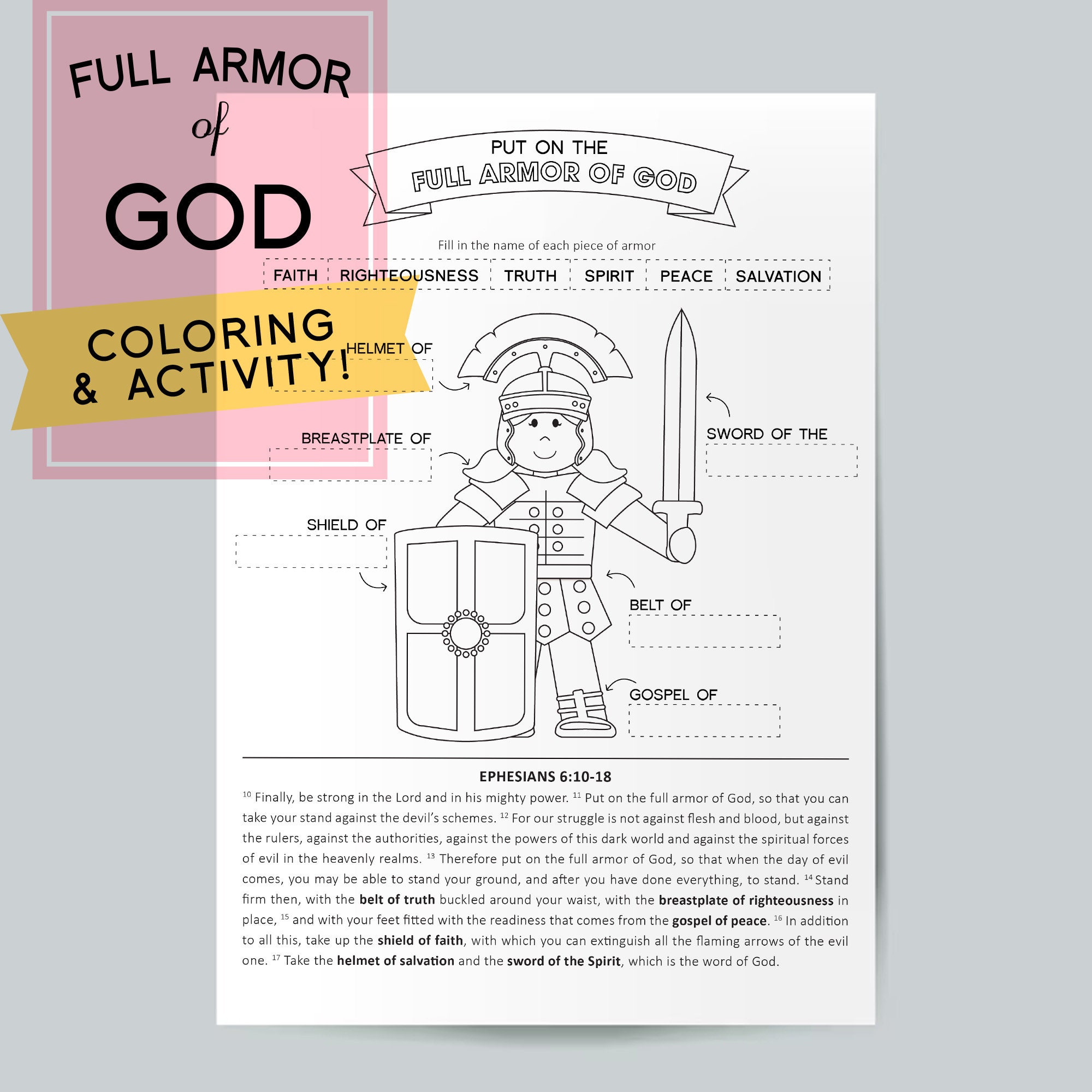 Armor of God Girl Christian Coloring Activity - Etsy