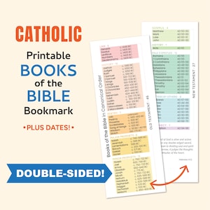 Könnte beinhalten: Ein doppelseitiger katholischer Bibel-Lesezeichen mit einer Liste von Büchern, Daten und dem Text "Printable Books of the Bible Bookmark". Das Lesezeichen ist hellbeige mit blauem und orangefarbenem Text.