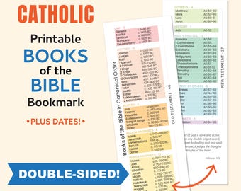 May include: A double-sided Catholic Bible bookmark with a list of books, dates, and the text "Printable Books of the Bible Bookmark." The bookmark is light beige with blue and orange text.