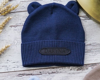 Personalized baby hat,Custom name baby hat,Personalized baby beanie,Name beanie hat,Personalized winter hat toddler,Hat with leather patch