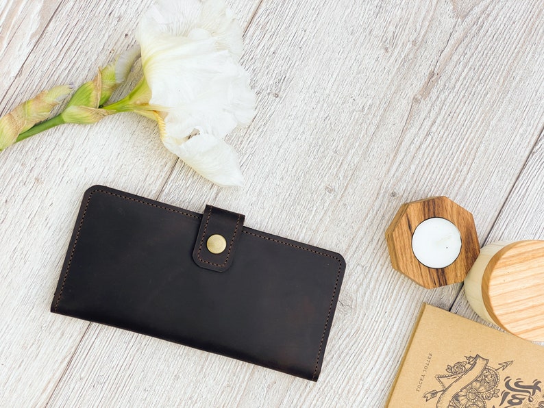 Cartera larga de cuero, Cartera plegable larga, Cartera de mujer grande, Cartera larga personalizada, Cartera alta personalizada imagen 10