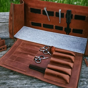 Leather organizer for tools,Heavy duty tool bag,Hairstylist bag,Leather tool case,Large tool bag,Scissors holder,Tool bag roll
