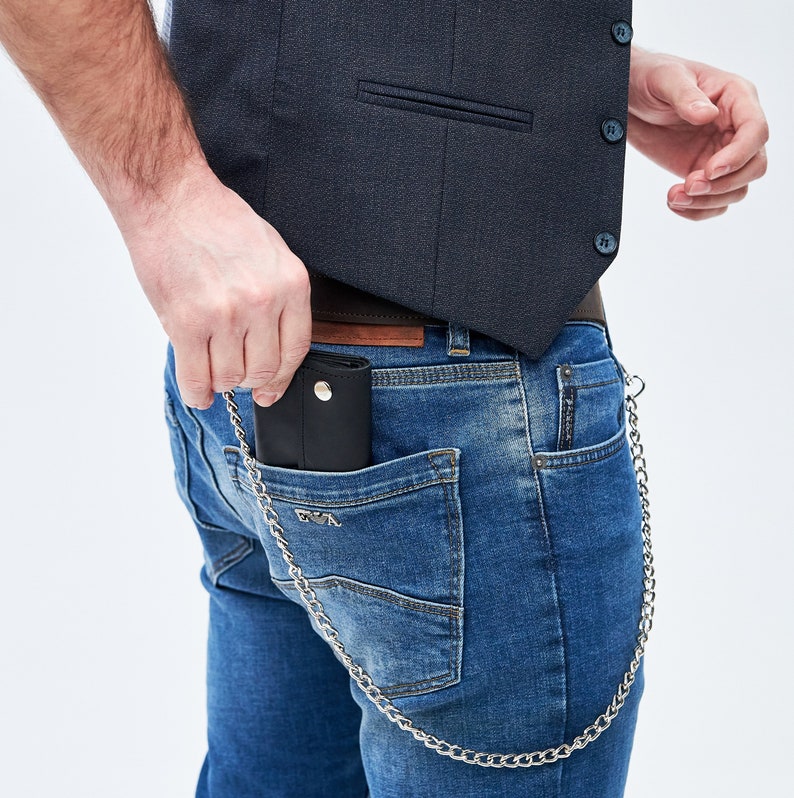 Cartera personalizada con cadena, Cartera de cadena hecha a mano, Cartera de cuero con cadena para hombre, Cartera de cadena de motocicleta, Cartera de monograma para hombre imagen 9