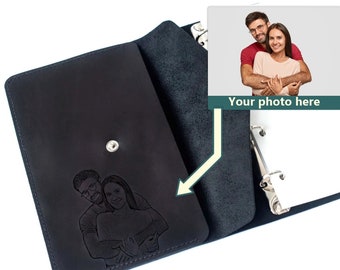 Personalized leather binder,Engraved photo gift,Custom photo notebook,Custom picture journal,Refillable leather journal,Leather binder cover