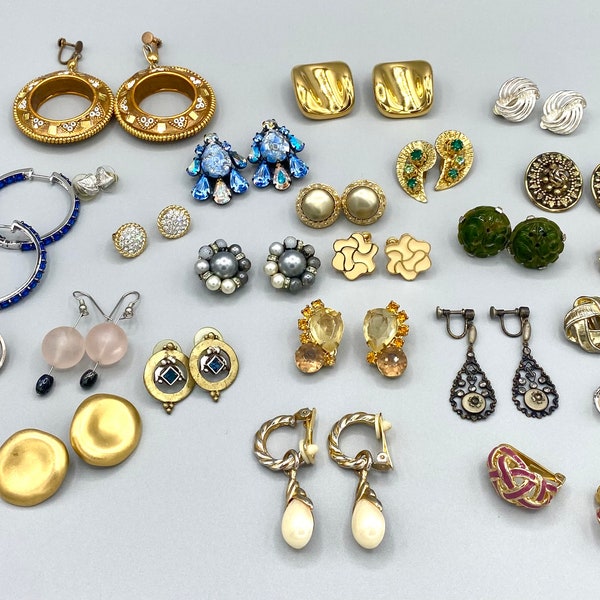 Lot of 26 PAIRS of VINTAGE Costume Jewelry EARRINGS from the 1950's to 1970's, 19 Pairs clip-on or screw-back & 7 Pairs pierced