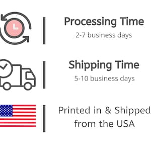 May include: Illustration of a clock with arrows circling it, a truck with a checkmark, and an American flag. Text reads: Processing Time 2-7 business days, Shipping Time 5-10 business days, Printed in & Shipped from the USA.