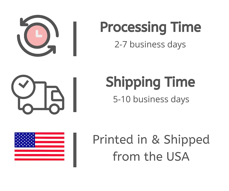 May include: Illustration of a clock with arrows circling it, a truck with a checkmark, and an American flag. Text reads: Processing Time 2-7 business days, Shipping Time 5-10 business days, Printed in & Shipped from the USA.