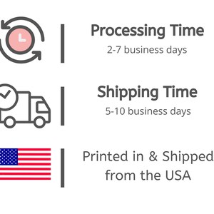 May include: Illustration of a clock with arrows circling it, a truck with a checkmark, and an American flag. Text reads: Processing Time 2-7 business days, Shipping Time 5-10 business days, Printed in & Shipped from the USA.