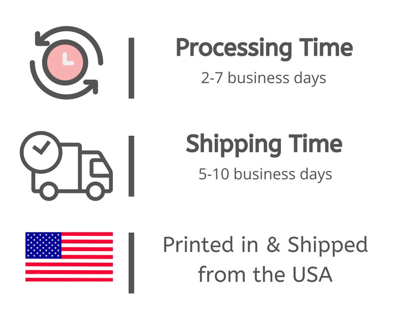May include: Illustration of a clock with arrows circling it, a truck with a checkmark, and an American flag. Text reads: Processing Time 2-7 business days, Shipping Time 5-10 business days, Printed in & Shipped from the USA.