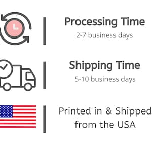 May include: Illustration of a clock with an arrow circling it, a truck with a checkmark, and an American flag. Text reads: Processing Time 2-7 business days, Shipping Time 5-10 business days, Printed in & Shipped from the USA.