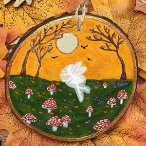 Fairy Decoration, Autumn Spell, Original Fairy And Toadstool Acrylic Painting On Wood Slice, Copper And Glitter Details.