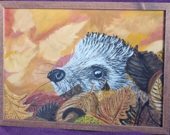 Framed Autumnal Hedgehog Painting, Autumn Slumber, Original Acrylic Hedgehog Painting, Gold And Bronze Details