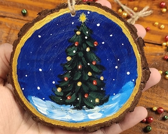 Christmas Tree Decoration, Oh Christmas Tree Original Acrylic Painting On Wood Slice, Gold Details