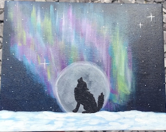 Original Wolf Painted Canvas, Howling At The Moon, Northern Lights, Celestial