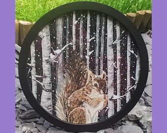 Framed Snowy Squirrel Painting, Snow Fall, Original Acrylic Squirrel Painting, Black Circle Frame