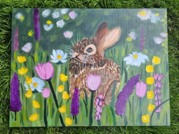 Rabbit Canvas Board, In Bloom, Original Acrylic Rabbit Painting, Floral artwork