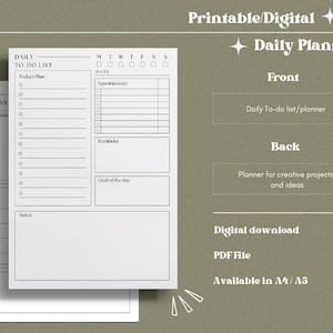 Può includere: Pianificatore giornaliero stampabile con una lista di cose da fare, appuntamenti, promemoria e uno spazio per un obiettivo del giorno. Il retro del pianificatore è per progetti creativi e idee. Il pianificatore è disponibile nei formati A4 e A5.