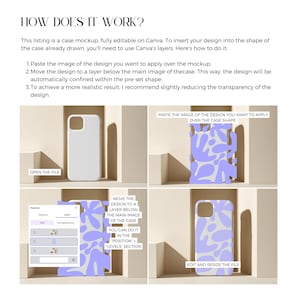 May include: A step-by-step guide on how to use Canva to create a custom phone case design. The guide shows how to paste an image, move it to a layer below the case, and adjust the transparency for a realistic look.