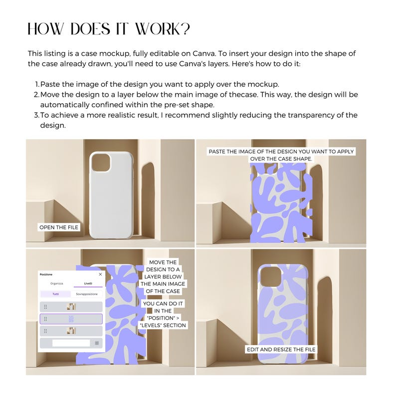 May include: A step-by-step guide on how to use Canva to create a custom phone case design. The guide shows how to paste an image, move it to a layer below the case, and adjust the transparency for a realistic look.