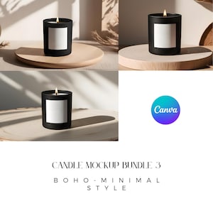 May include: Three black candle jars with white labels on wooden platforms. The candles are lit and the platforms are in a natural light setting.