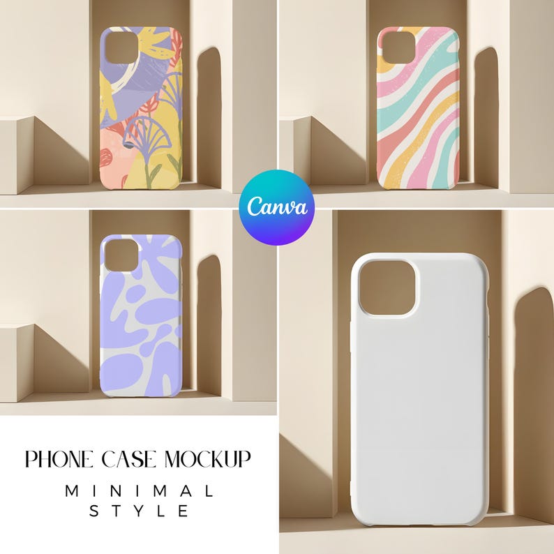 May include: Four phone cases on a white shelf with a beige background. The cases are all different colors and patterns. The first case is a floral pattern with pink, yellow, and green colors. The second case is a wavy pattern with pink, blue, and yellow colors. The third case is a purple and white abstract pattern. The fourth case is plain white. The text "PHONE CASE MOCKUP MINIMAL STYLE" is below the cases.